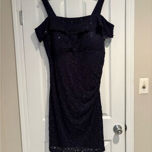 Elegant Navy knee length Lace Dress with sparkle!